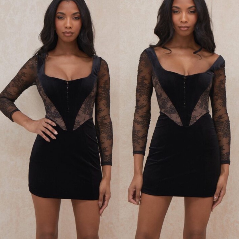 Elena Black Velvet Lace Corset Mini Dress